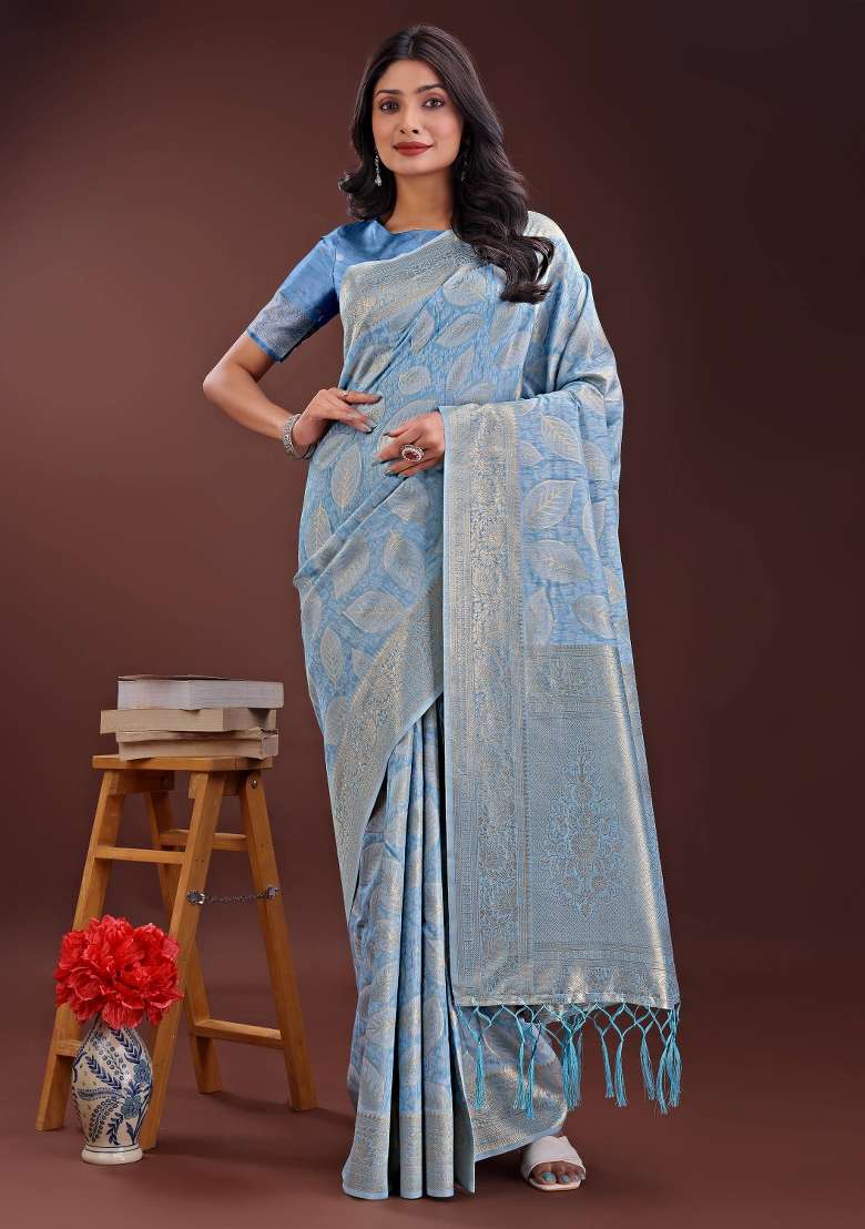 Sky Blue Embroidered Cotton Saree  Set - Indya