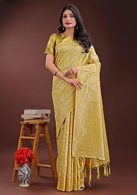 Yellow Embroidered Cotton Saree  Set