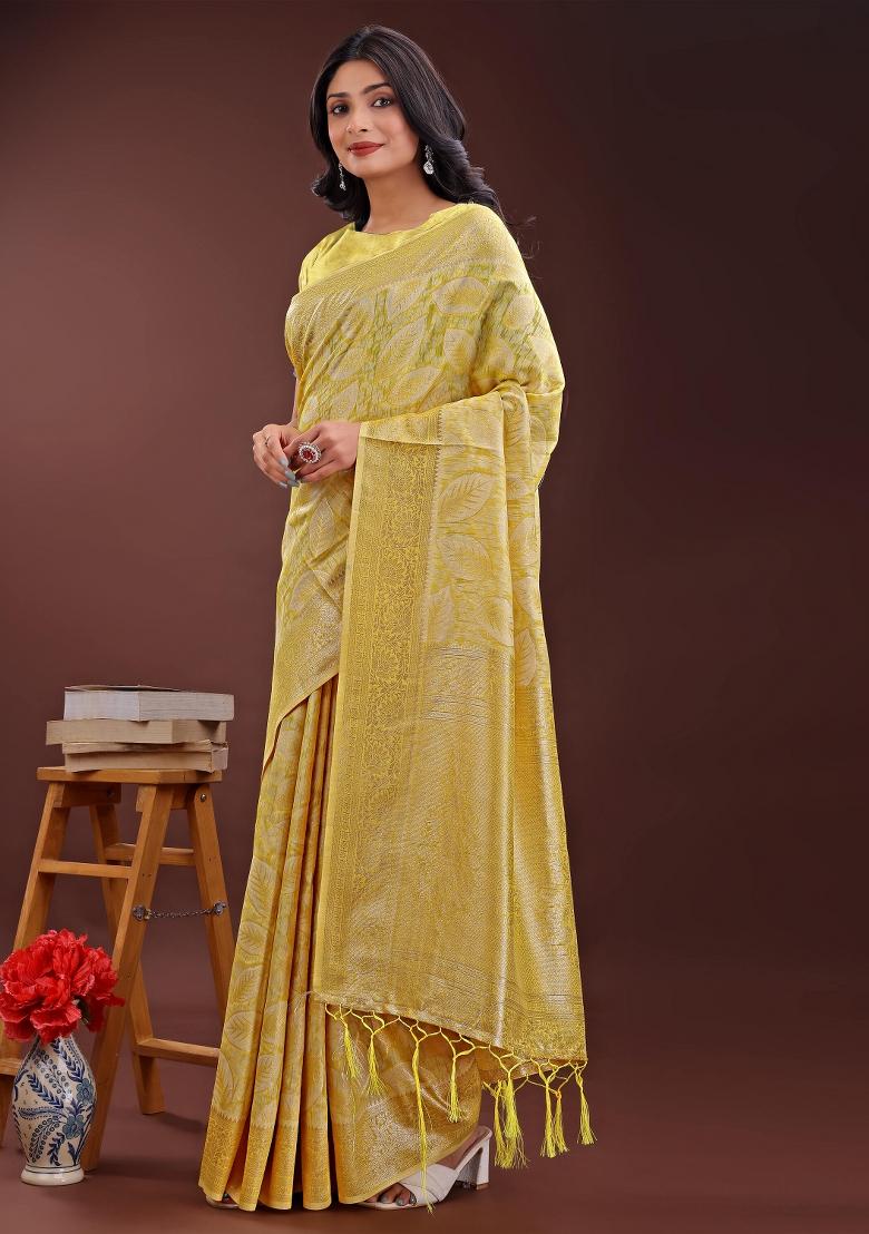 Yellow Embroidered Cotton Saree  Set