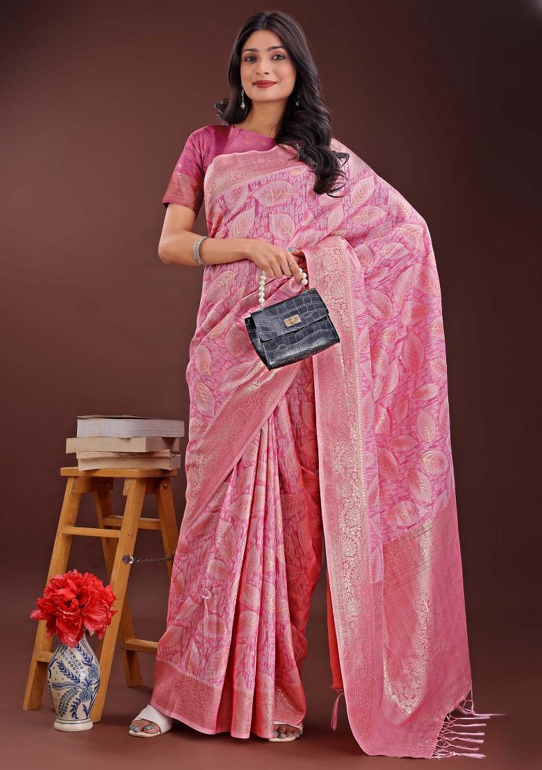 Pink Embroidered Cotton Saree  Set