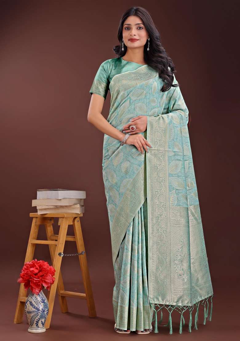 Sea Green Embroidered Cotton Saree  Set - Indya
