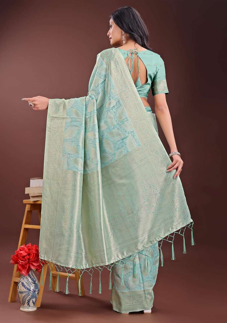 Sea Green Embroidered Cotton Saree  Set - Indya