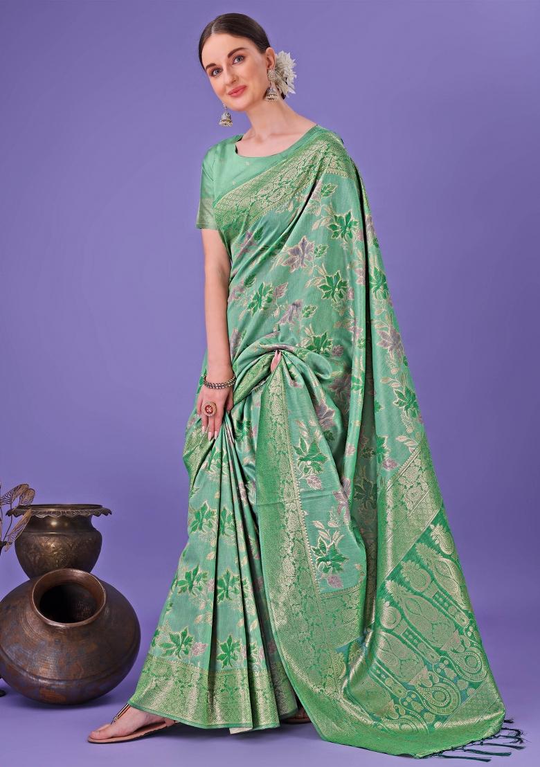 Green Embroidered Cotton Saree  Set