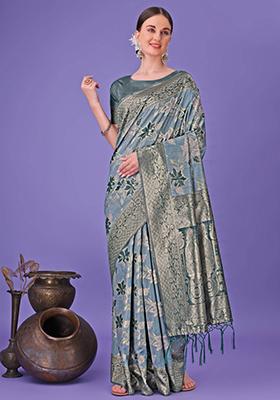 Teal Blue Embroidered Cotton Saree  Set