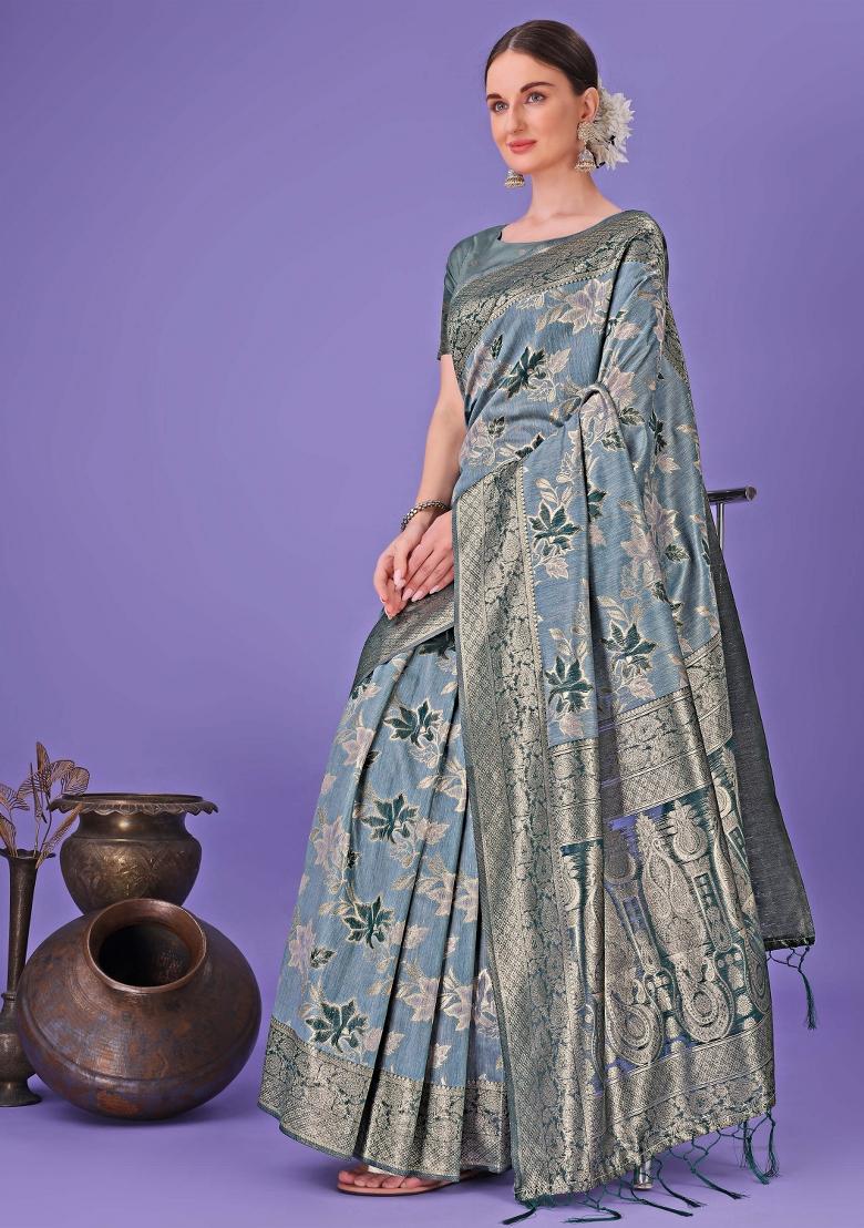 Teal Blue Embroidered Cotton Saree  Set