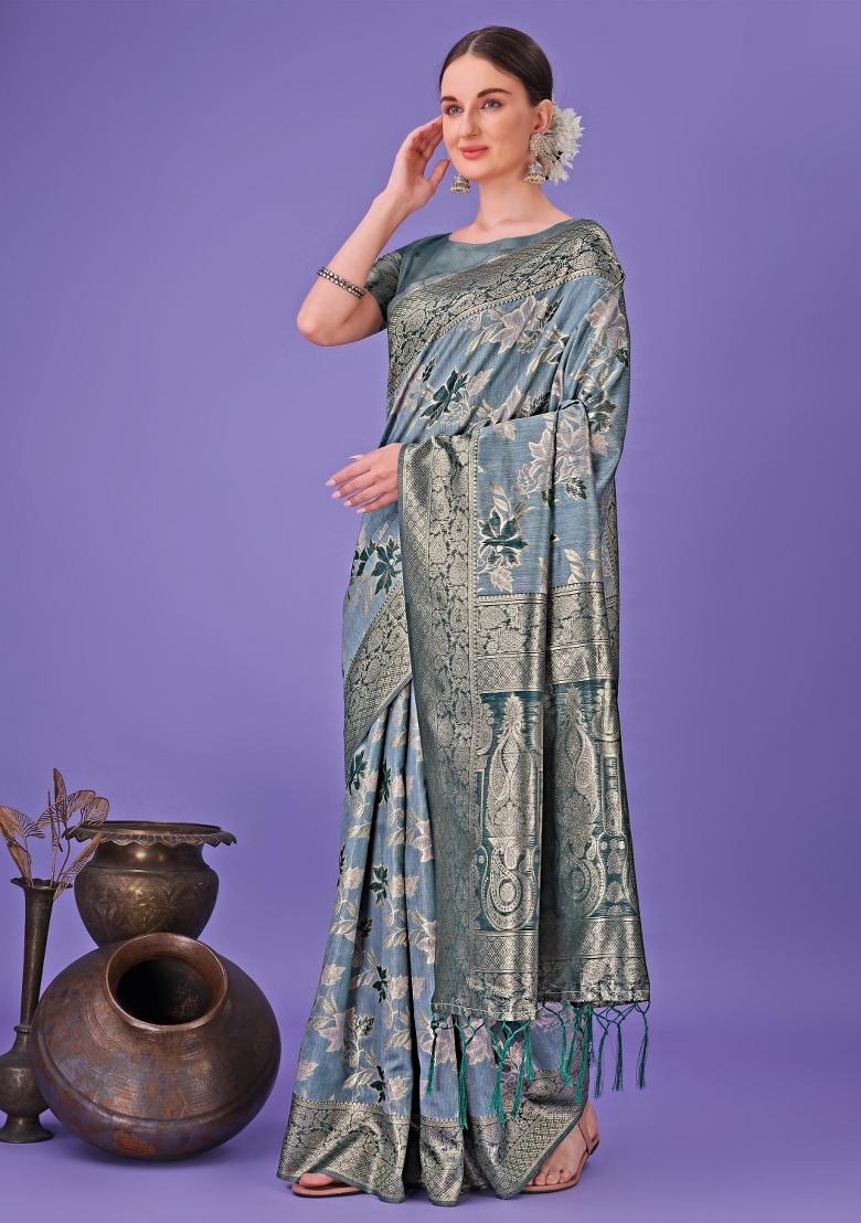Teal Blue Embroidered Cotton Saree  Set