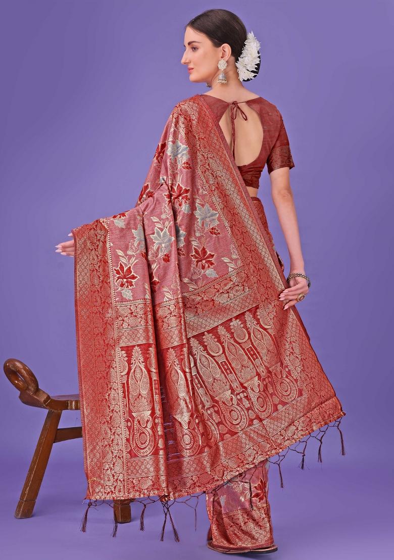 Red Embroidered Cotton Saree  Set