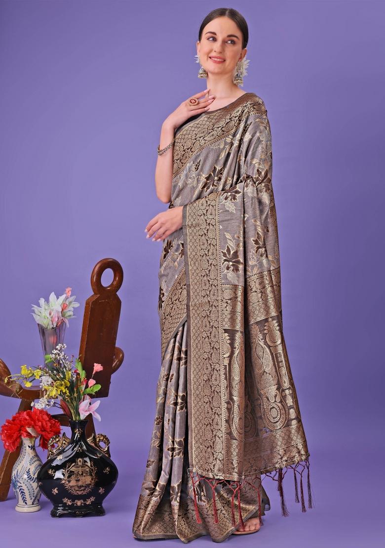 Grey Embroidered Cotton Saree  Set