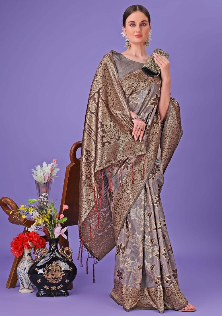 Grey Embroidered Cotton Saree  Set