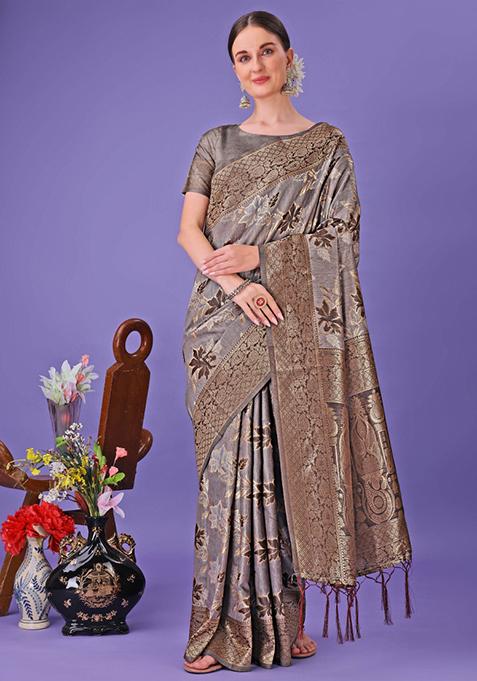 Grey Embroidered Cotton Saree  Set
