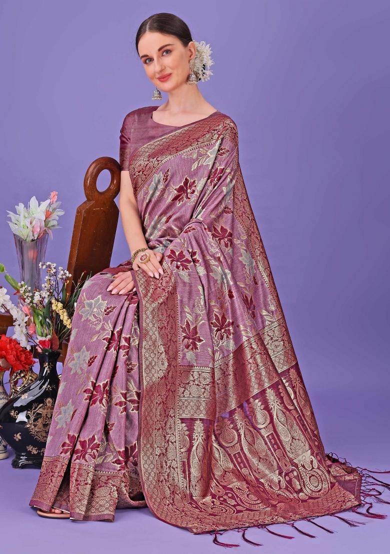 Purple Embroidered Cotton Saree  Set