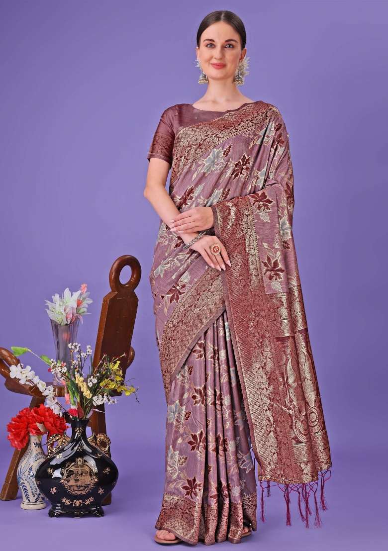 Maroon Embroidered Cotton Saree  Set - Indya