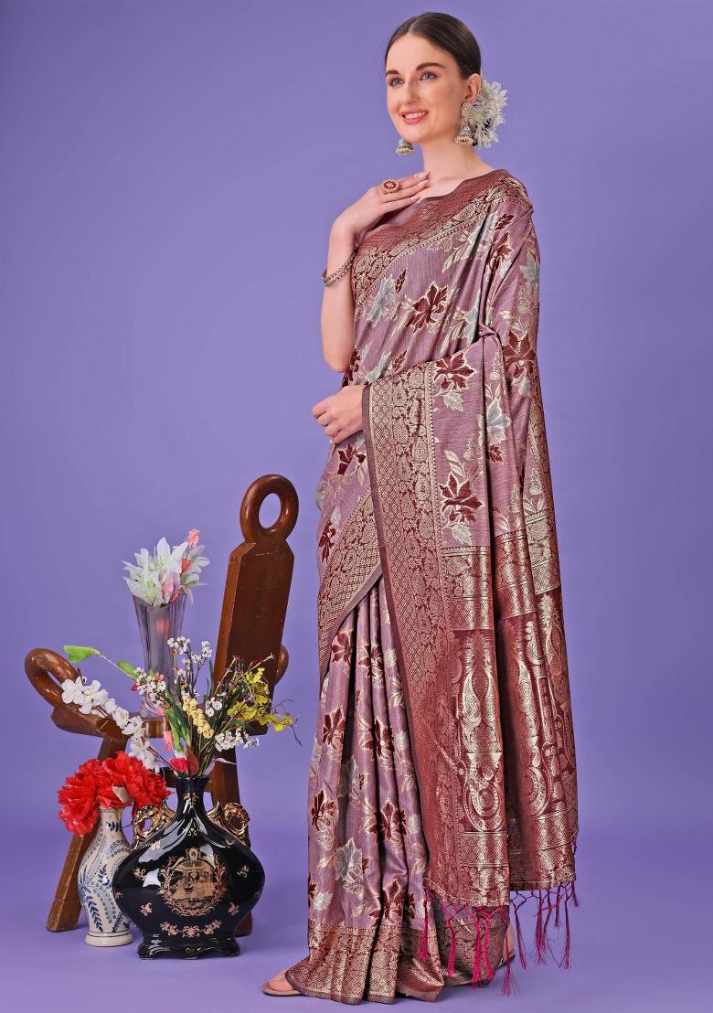Maroon Embroidered Cotton Saree  Set