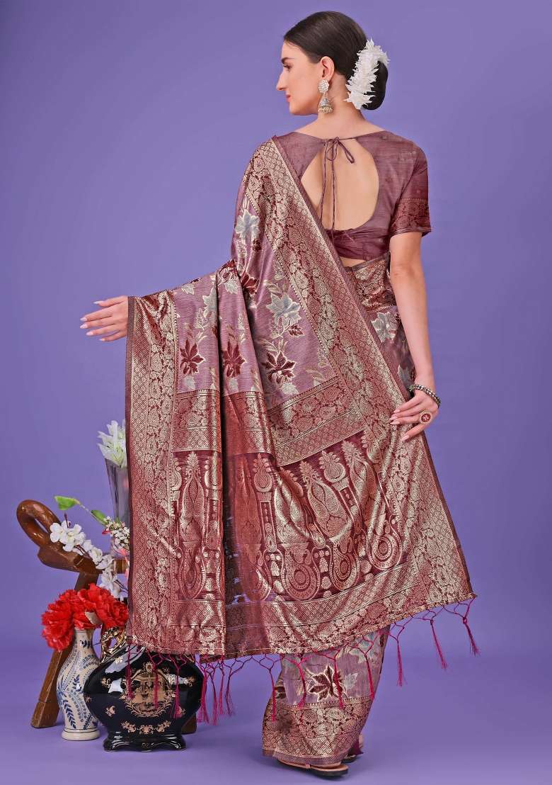 Maroon Embroidered Cotton Saree  Set - Indya