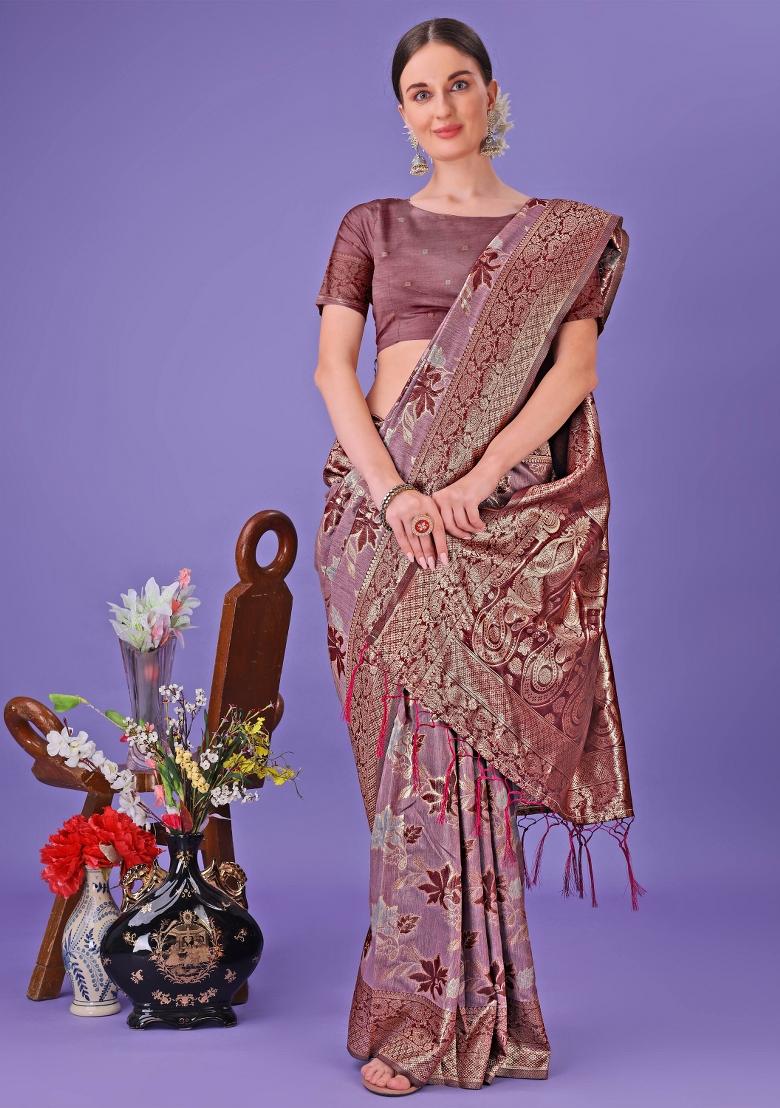 Maroon Embroidered Cotton Saree  Set