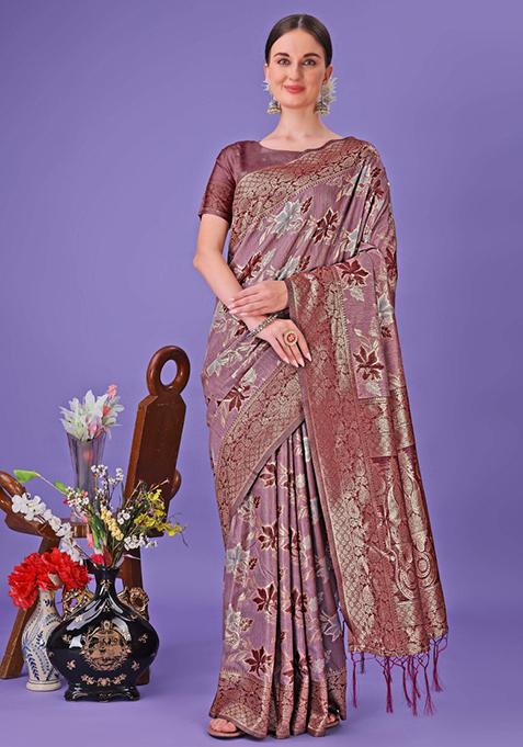 Maroon Embroidered Cotton Saree  Set