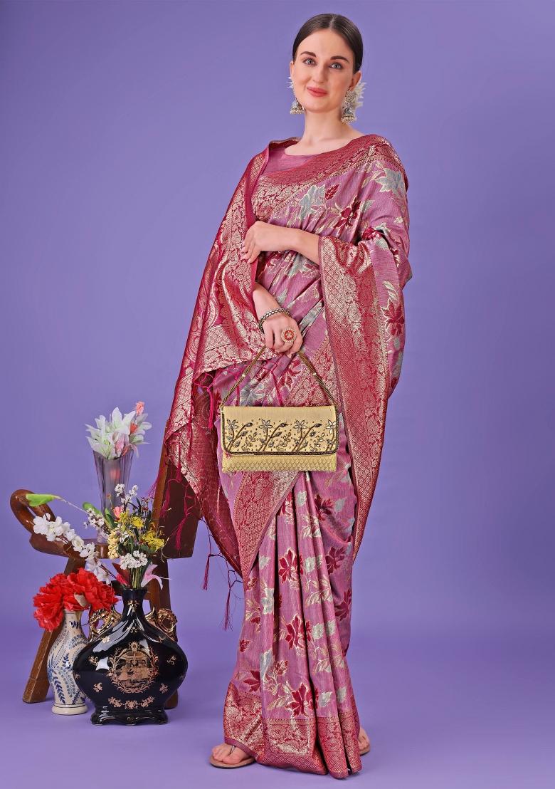 Pink Embroidered Cotton Saree  Set