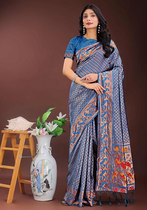 Blue Embroidered Silk Saree  Set