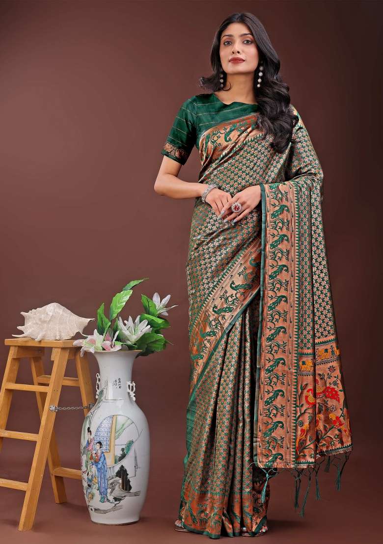 Green Embroidered Silk Saree  Set - Indya