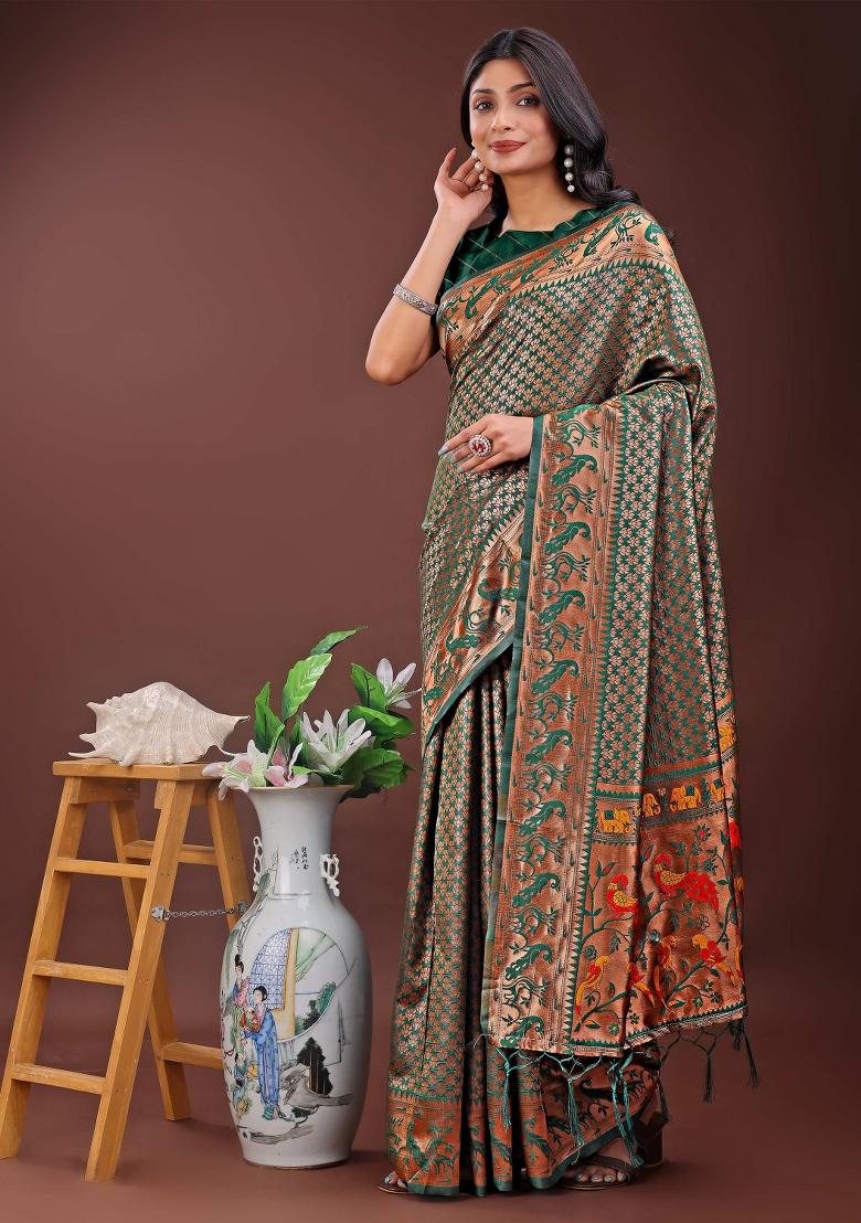 Green Embroidered Silk Saree  Set