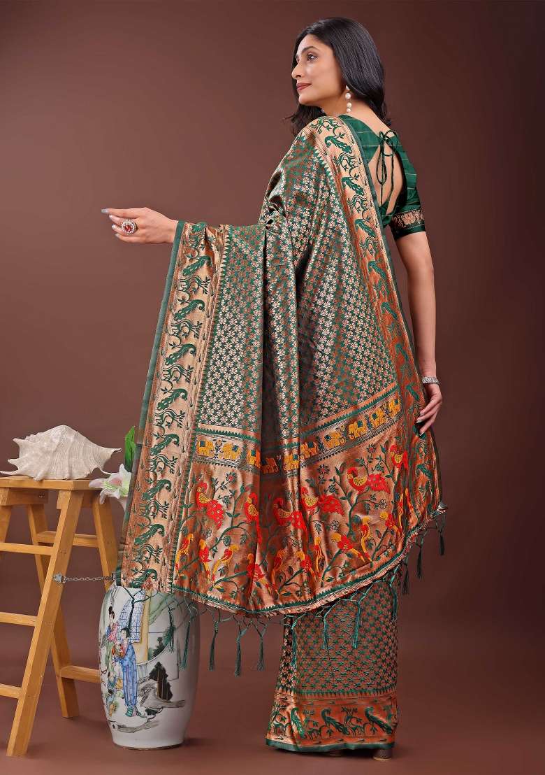 Green Embroidered Silk Saree  Set - Indya