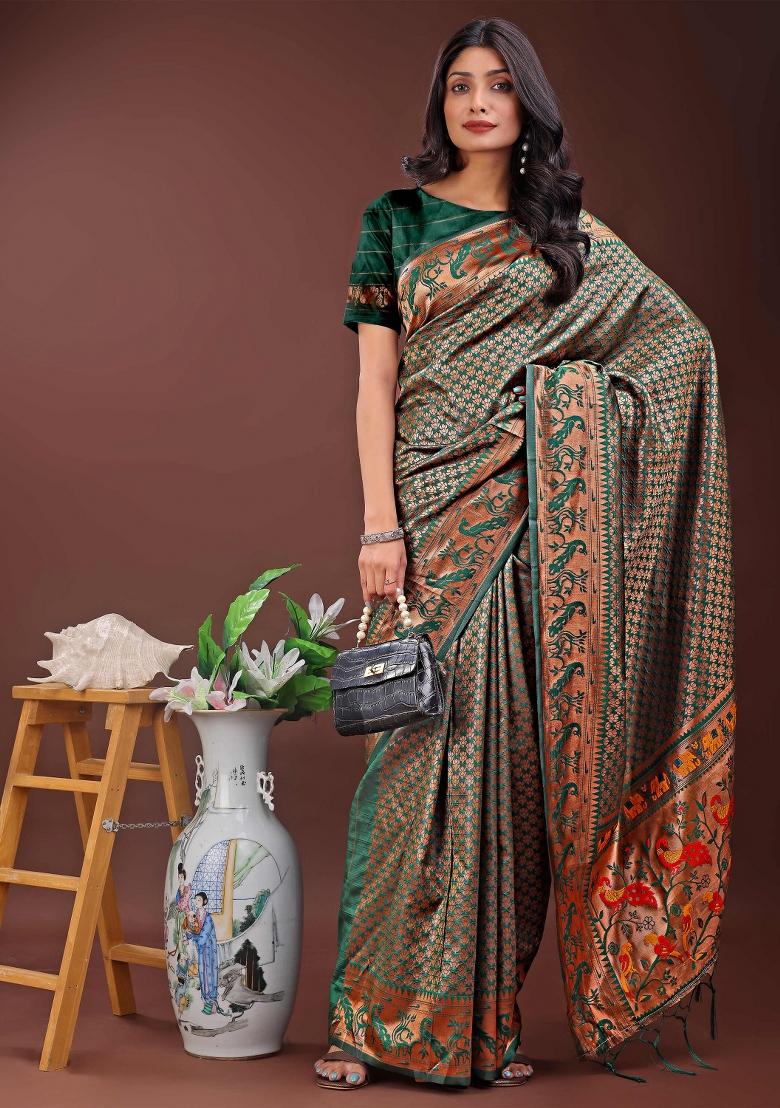 Green Embroidered Silk Saree  Set