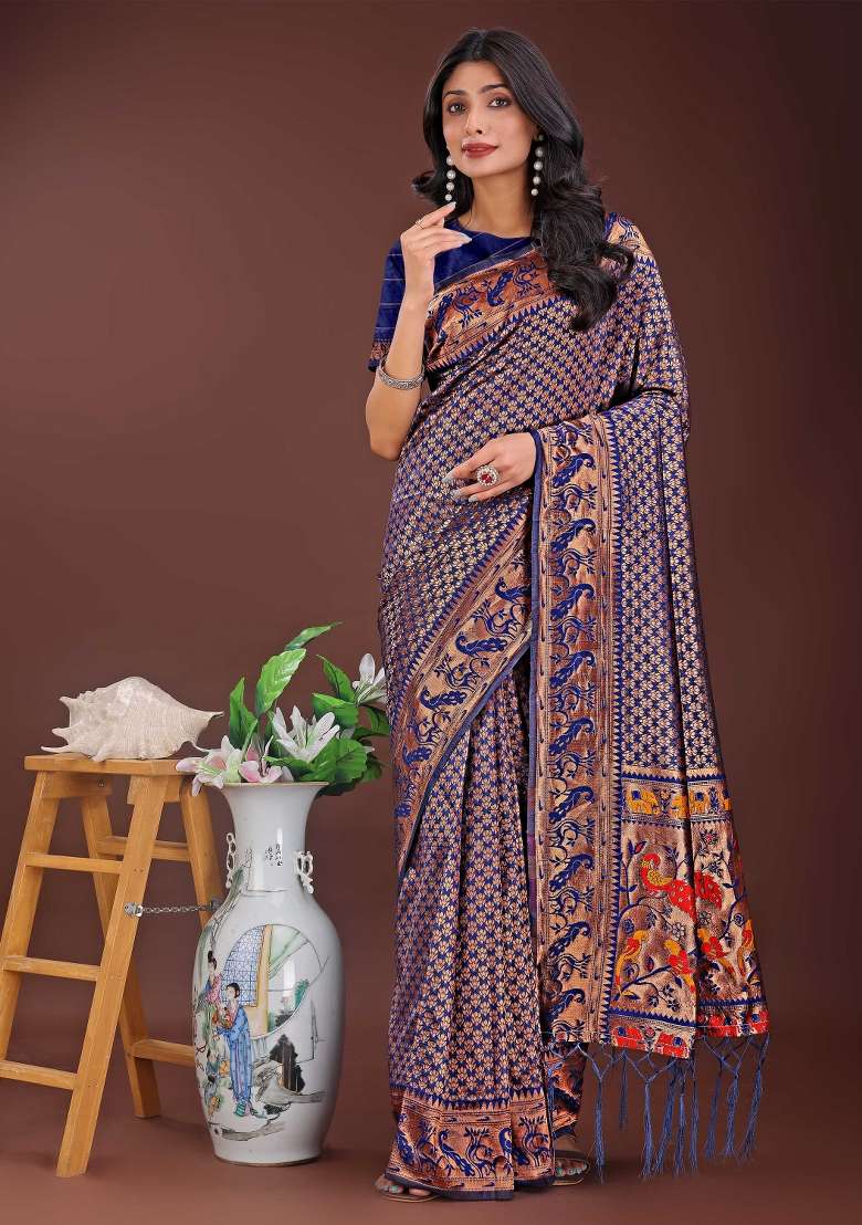 Navy Blue Embroidered Silk Saree  Set - Indya