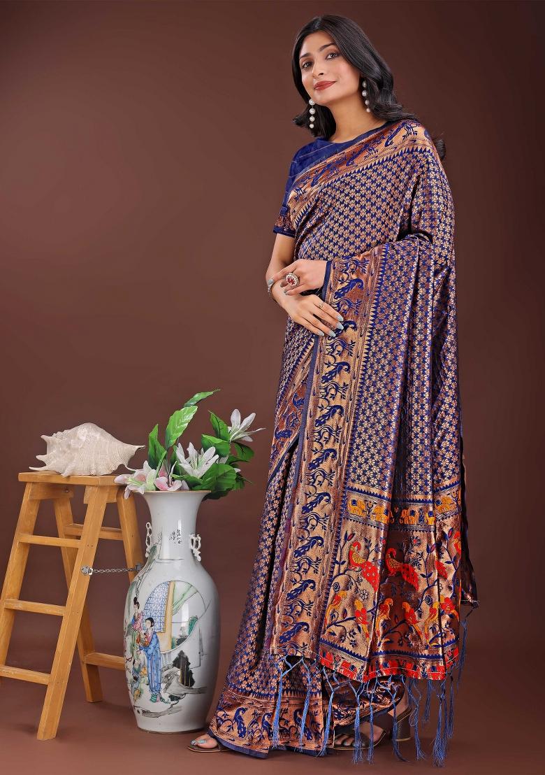 Navy Blue Embroidered Silk Saree  Set