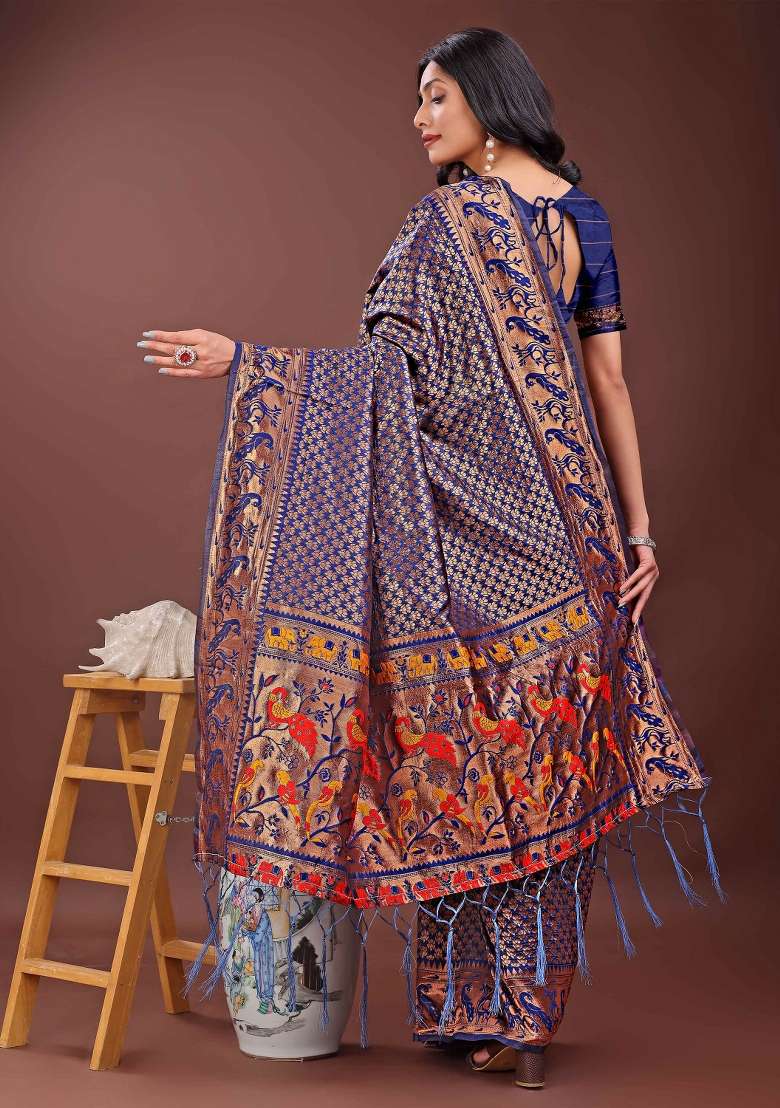 Navy Blue Embroidered Silk Saree  Set - Indya