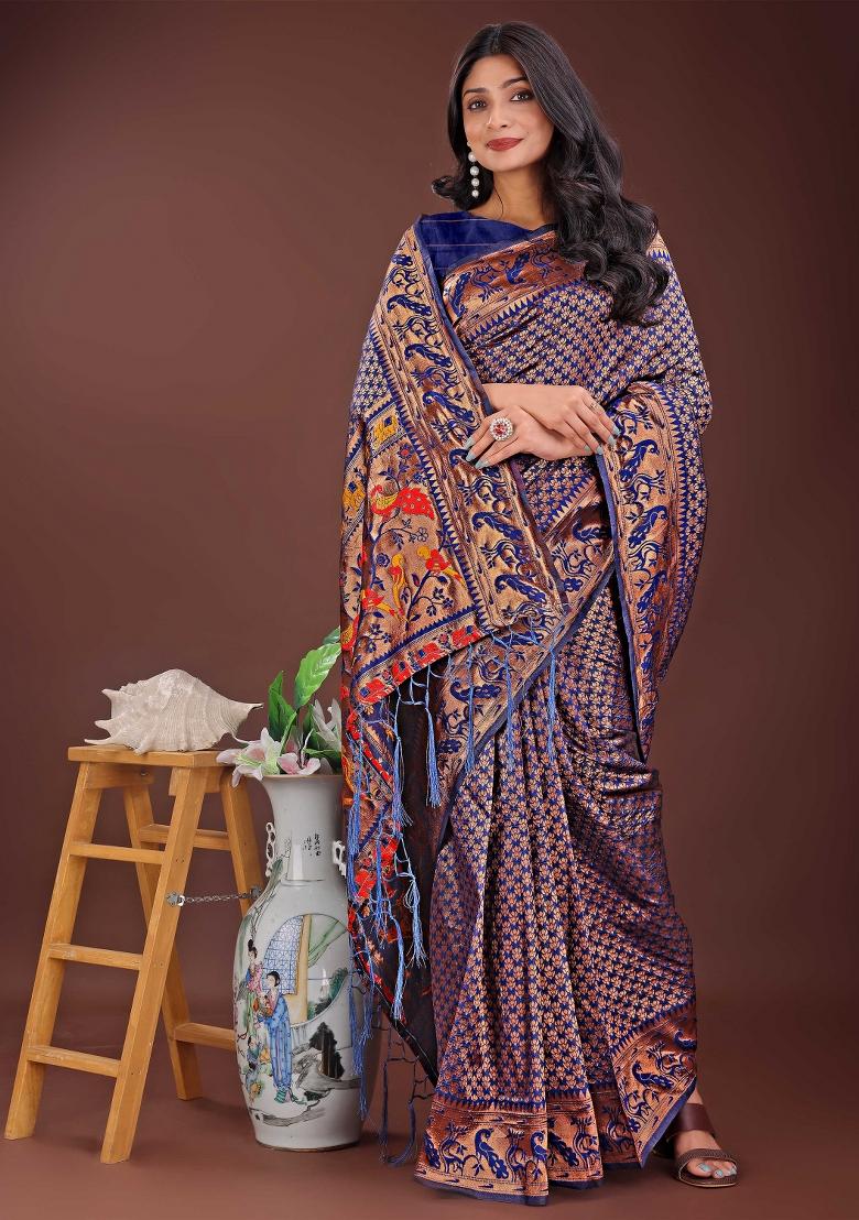 Navy Blue Embroidered Silk Saree  Set