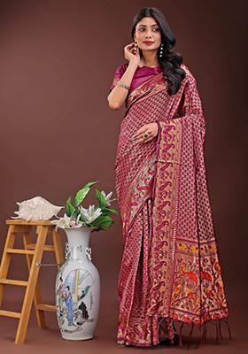 Purple Embroidered Silk Saree  Set