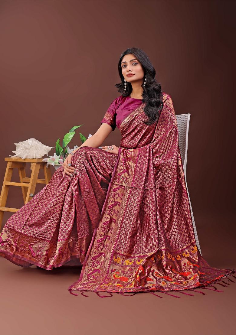 Purple Embroidered Silk Saree  Set