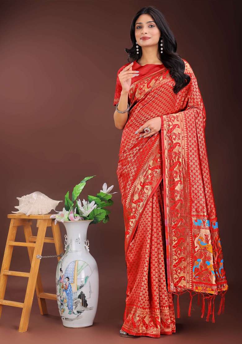 Red Embroidered Silk Saree  Set - Indya