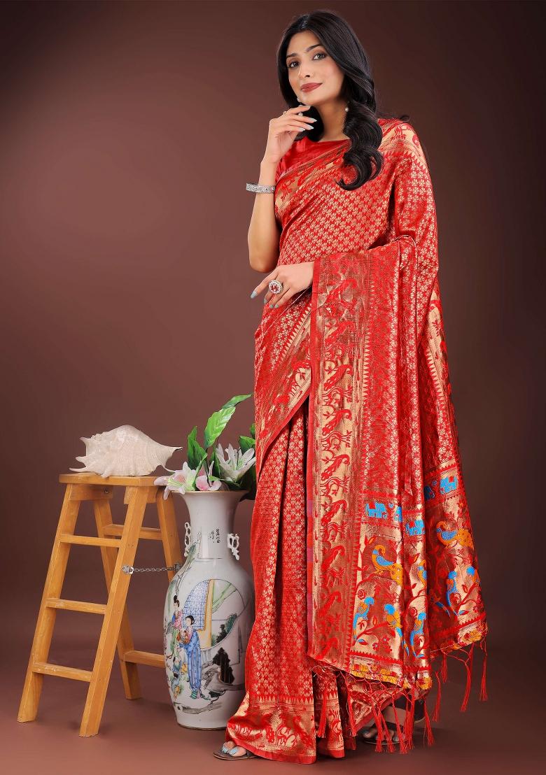 Red Embroidered Silk Saree  Set
