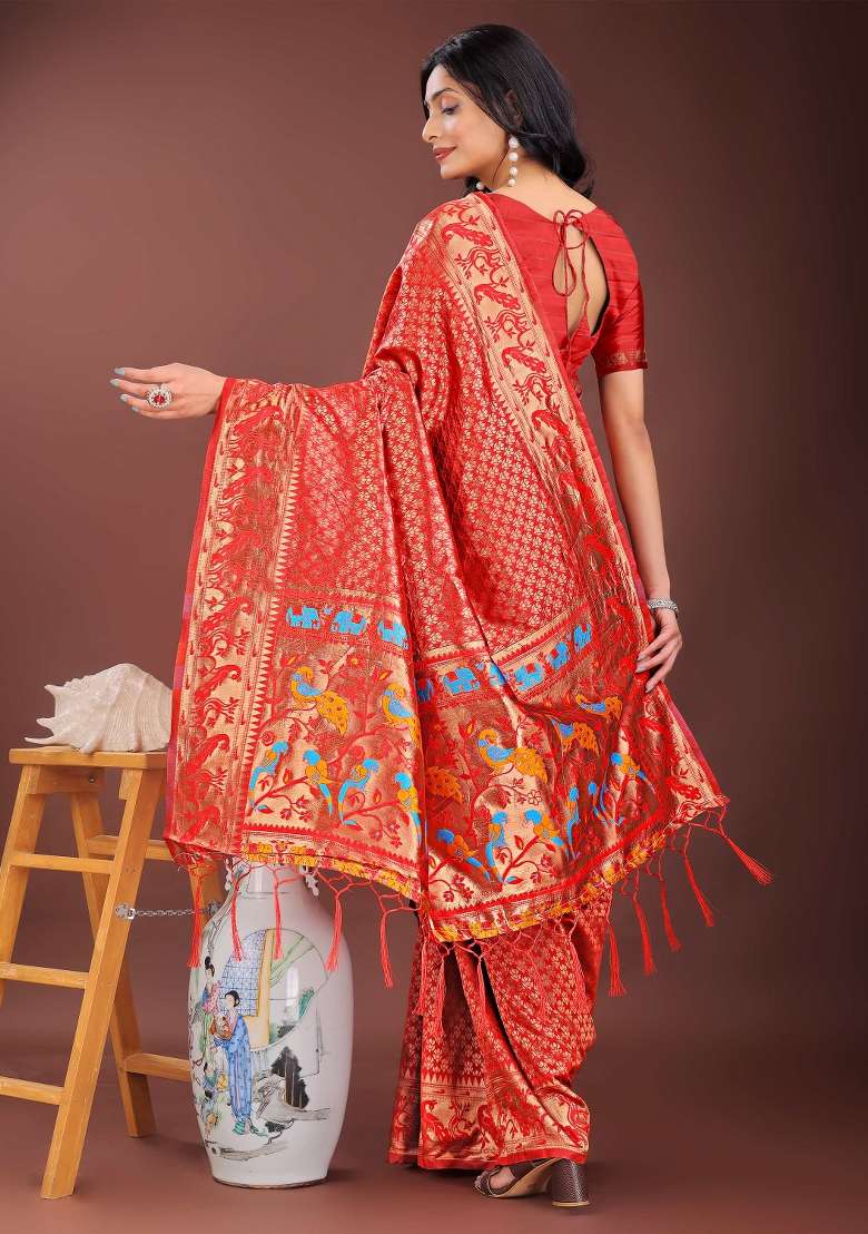 Red Embroidered Silk Saree  Set - Indya