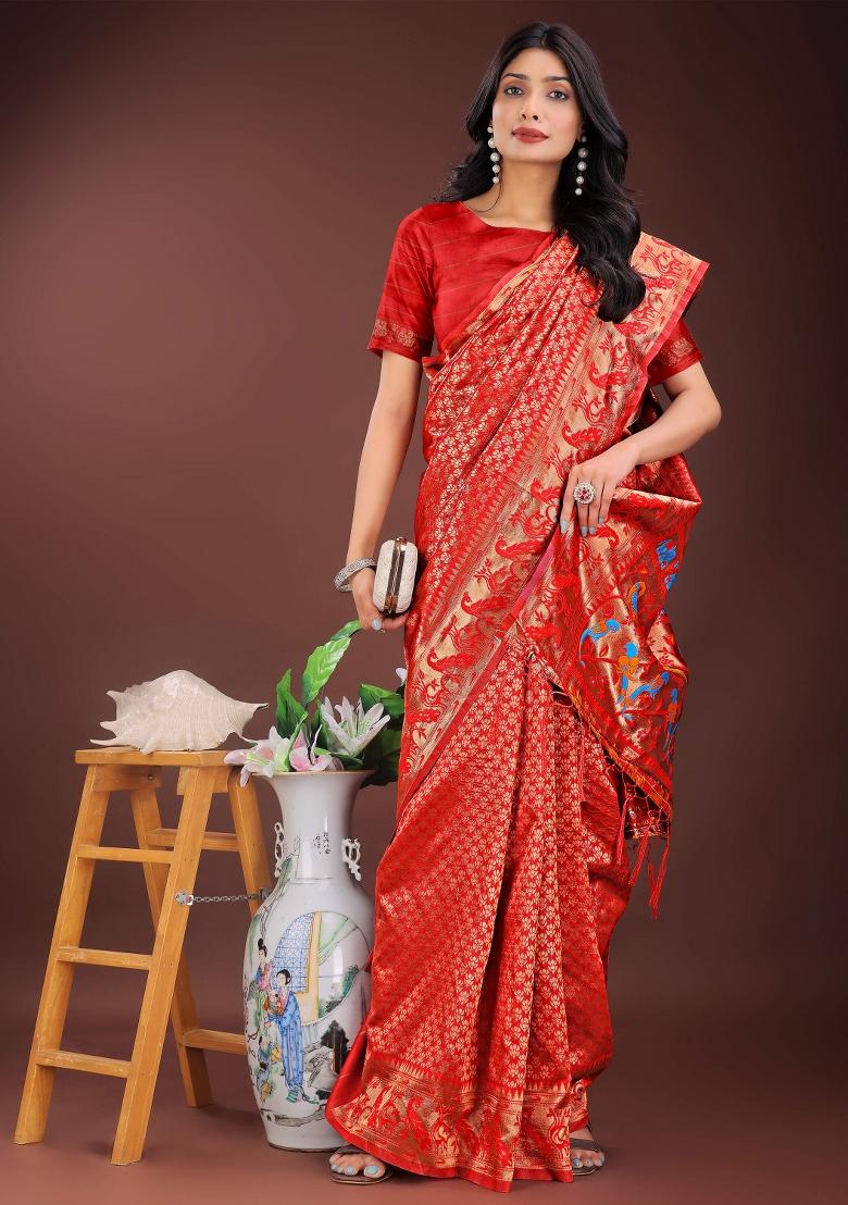 Red Embroidered Silk Saree  Set
