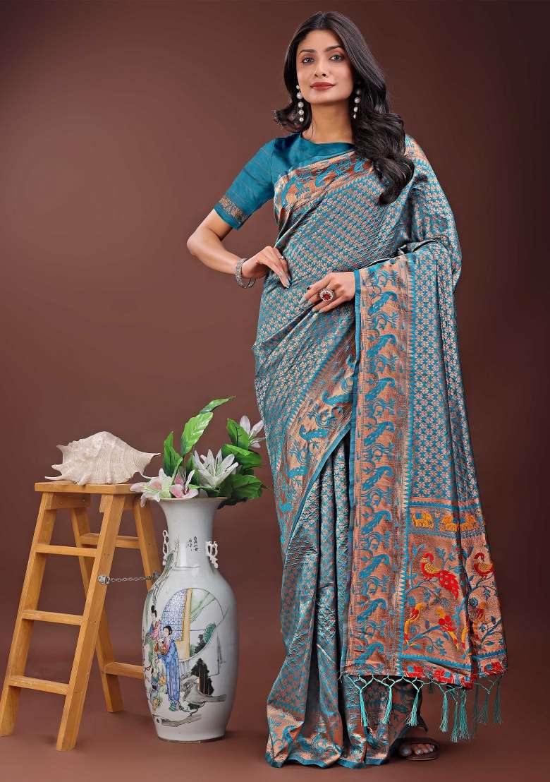 Teal Blue Embroidered Silk Saree  Set - Indya