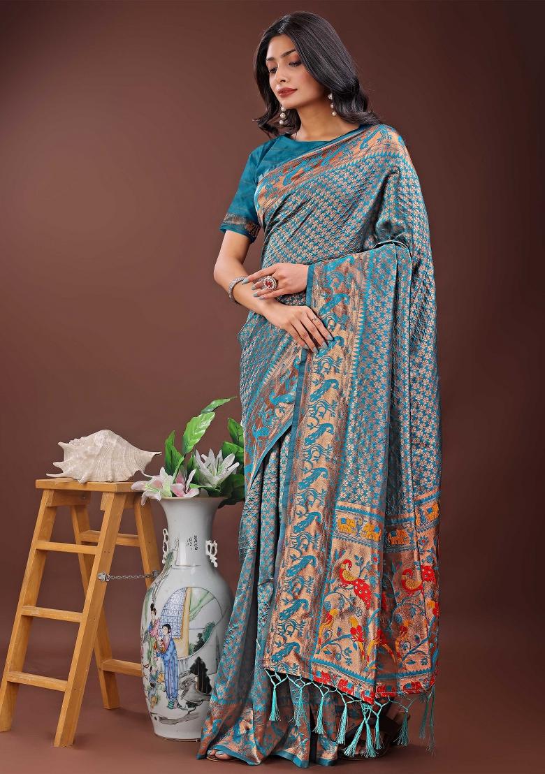 Teal Blue Embroidered Silk Saree  Set