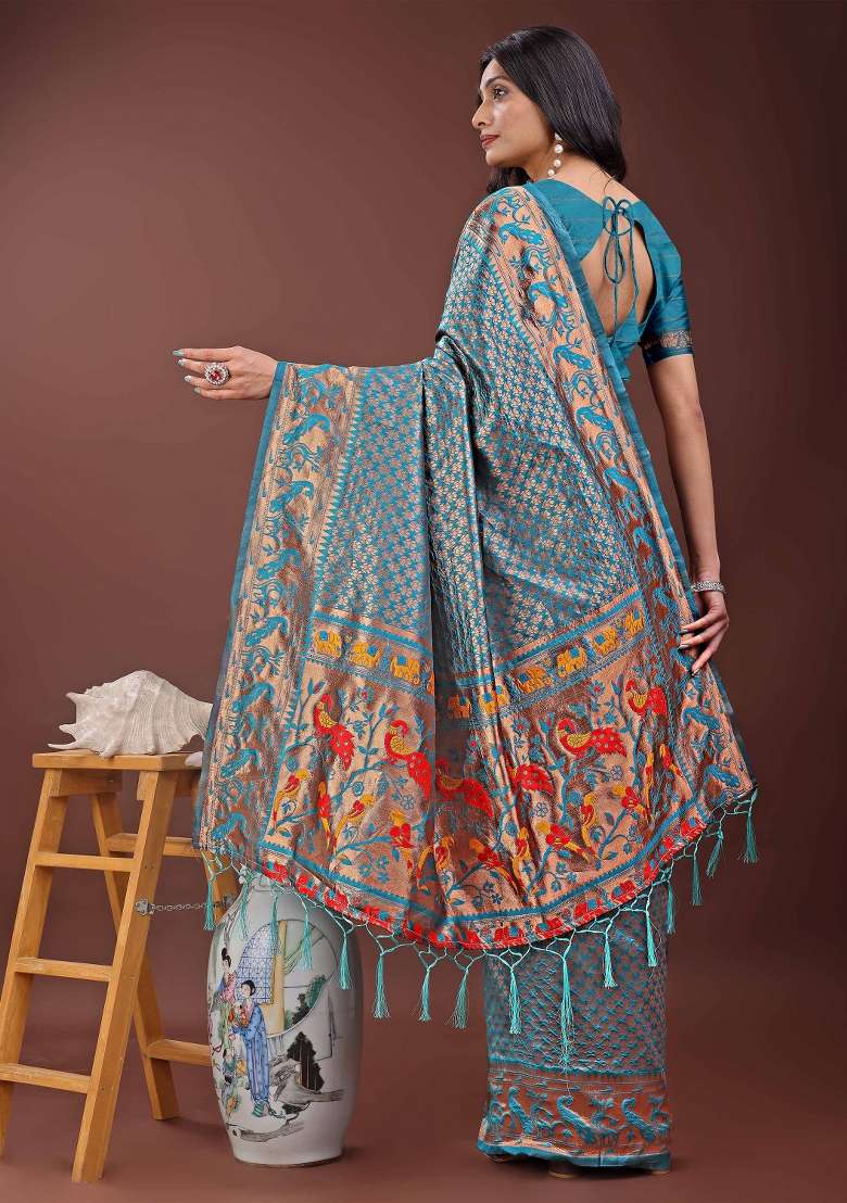 Teal Blue Embroidered Silk Saree  Set - Indya