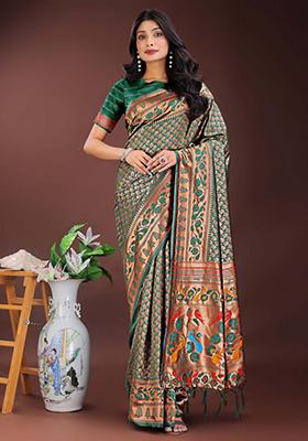 Sea Green Embroidered Silk Saree  Set