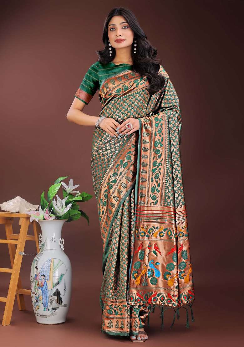 Sea Green Embroidered Silk Saree  Set - Indya