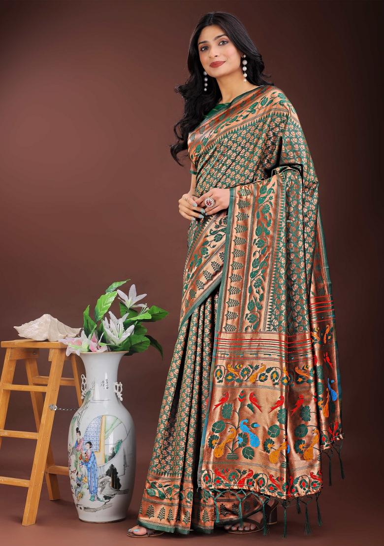 Sea Green Embroidered Silk Saree  Set