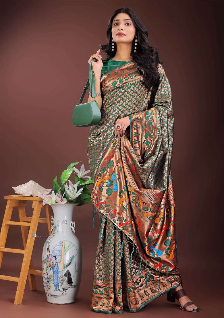 Sea Green Embroidered Silk Saree  Set - Indya