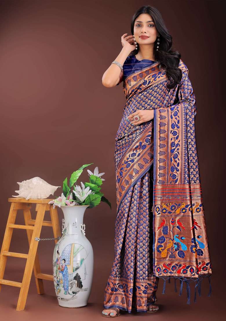 Navy Blue Embroidered Silk Saree  Set - Indya