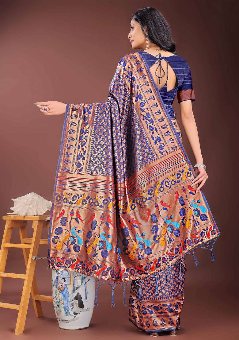 Navy Blue Embroidered Silk Saree  Set - Indya