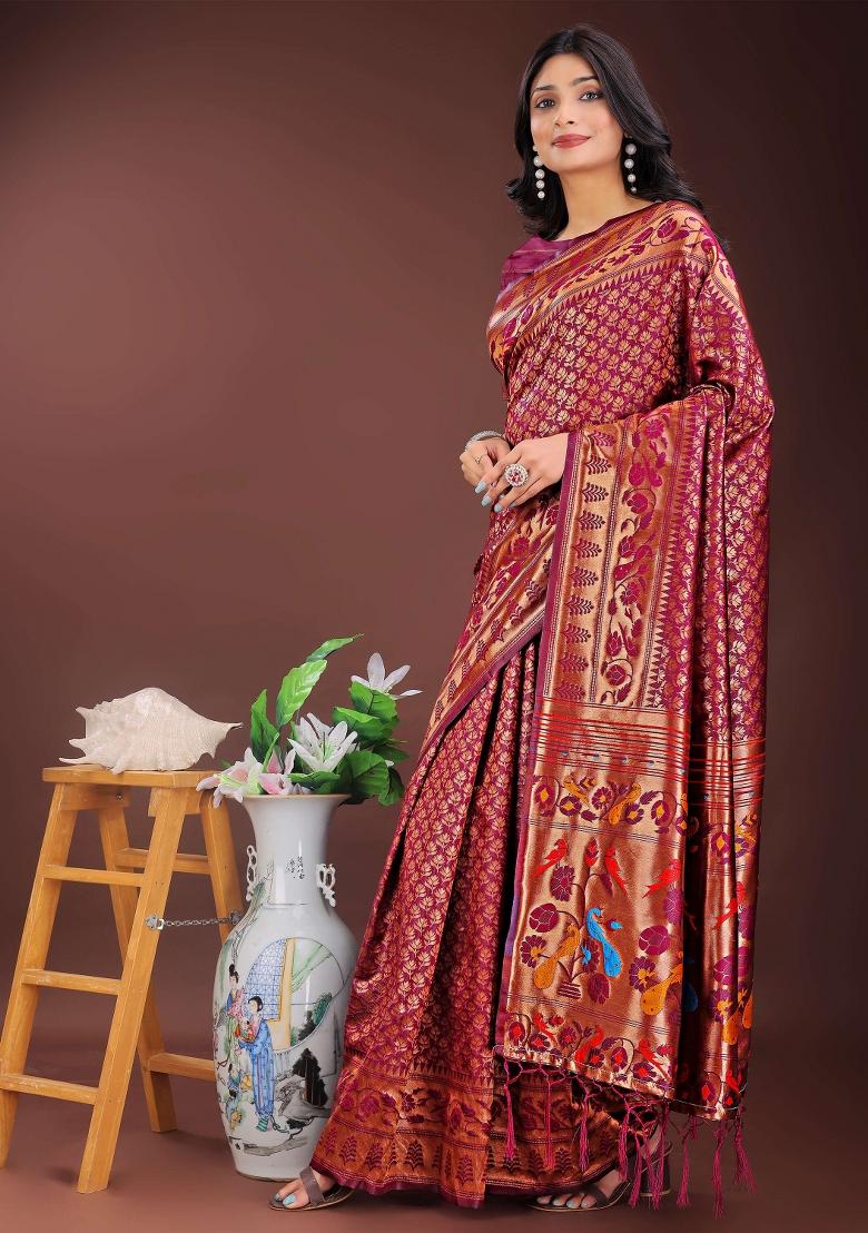 Maroon Embroidered Silk Saree  Set