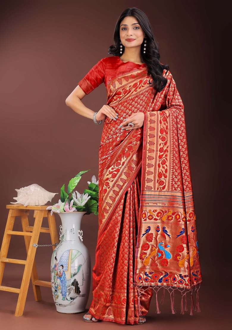 Red Embroidered Silk Saree  Set - Indya