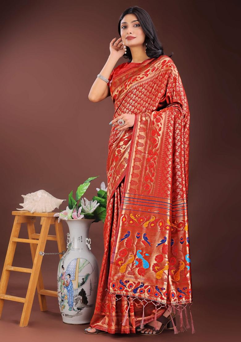 Red Embroidered Silk Saree  Set