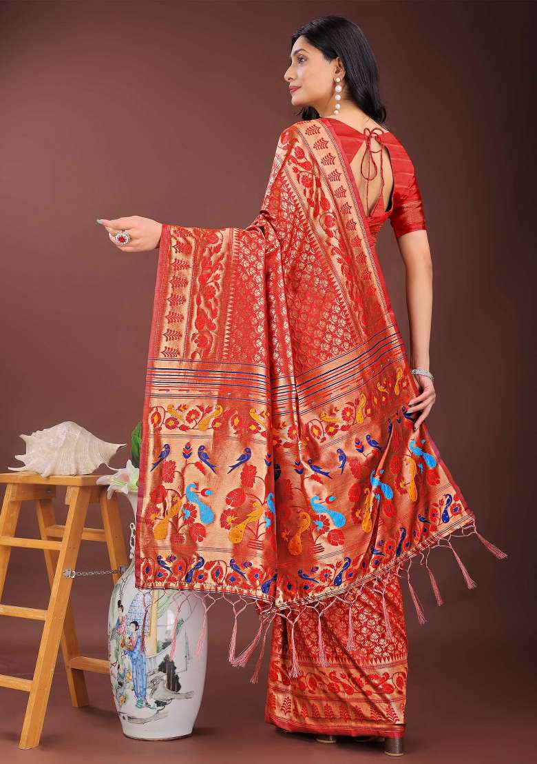 Red Embroidered Silk Saree  Set - Indya