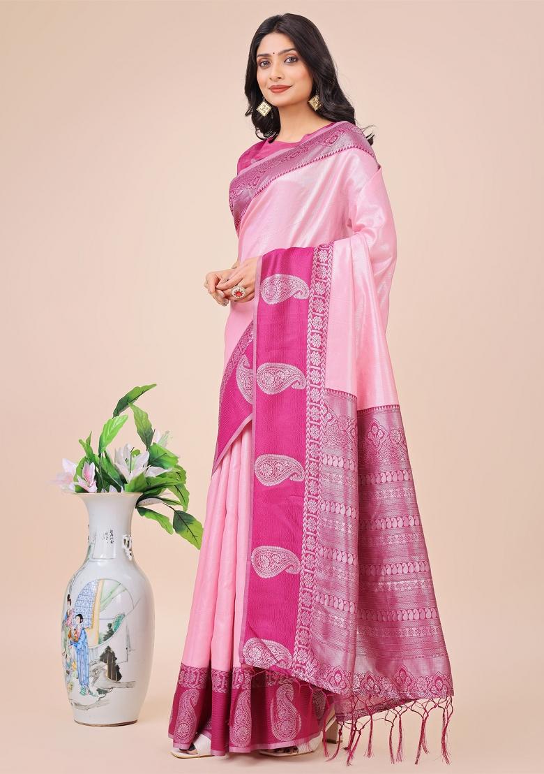 Magenta Printed Silk Saree Set